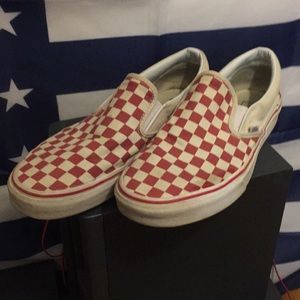 Red and white checkered vans, size 10.5